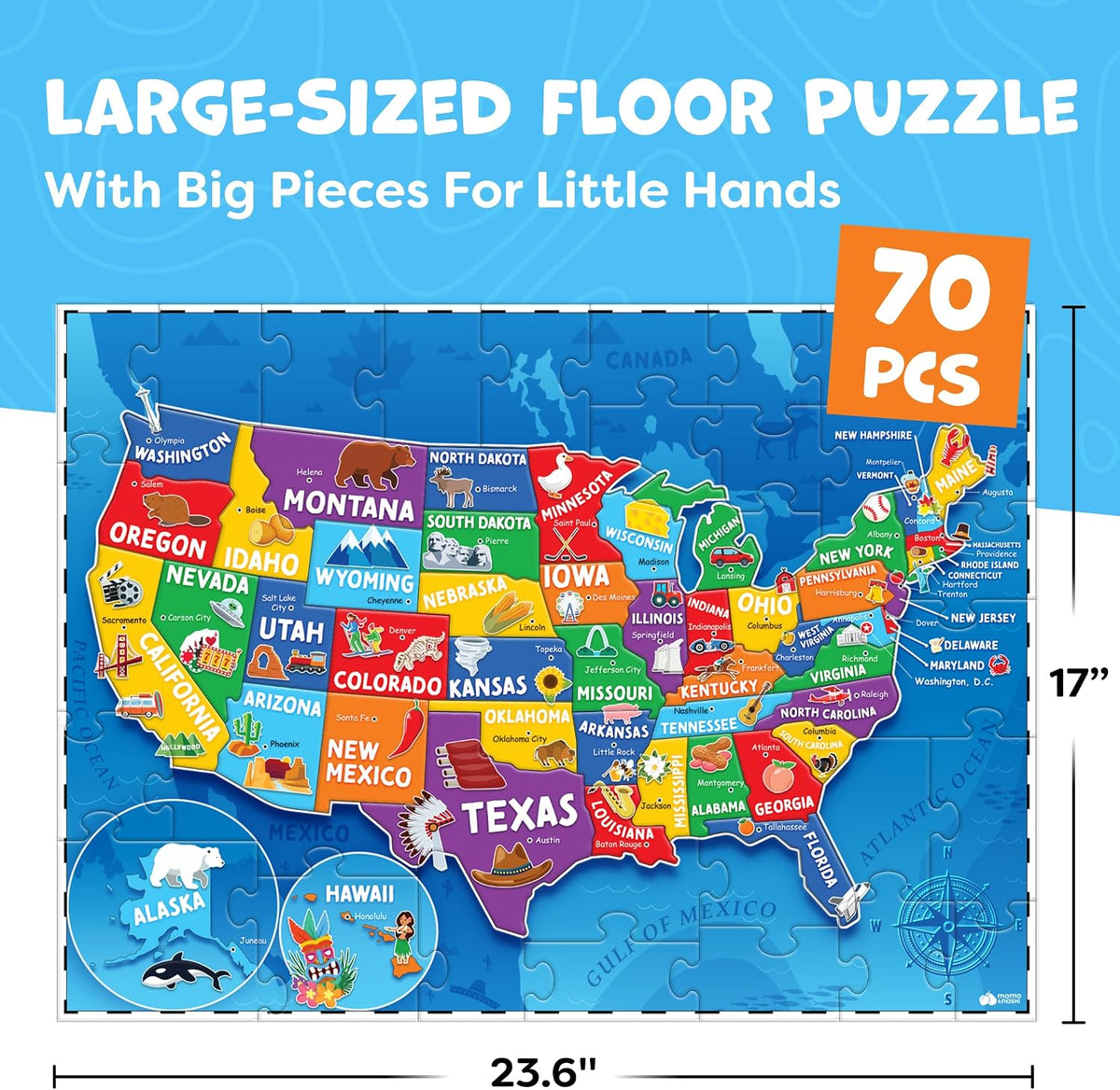 Momo & Nashi United States Map Puzzle for Kids, 70-Piece USA Map Floor Jigsaw with 50 States & Capitals, Educational Geography Puzzle for Boys & Girls Ages 3-8