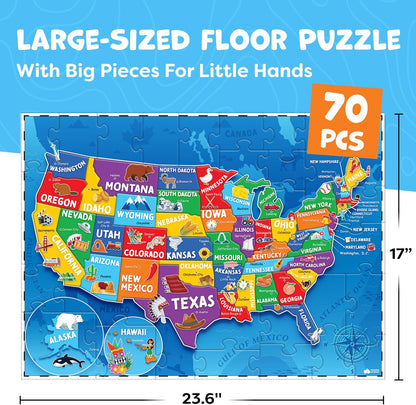 Momo & Nashi United States Map Puzzle for Kids, 70-Piece USA Map Floor Jigsaw with 50 States & Capitals, Educational Geography Puzzle for Boys & Girls Ages 3-8