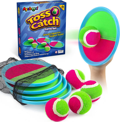 Ayeboovi Toss and Catch Ball Game Set, 4 Paddles with 4 Sticky Balls & Storage Bag, Outdoor Lawn, Beach & Yard Game for Kids & Families