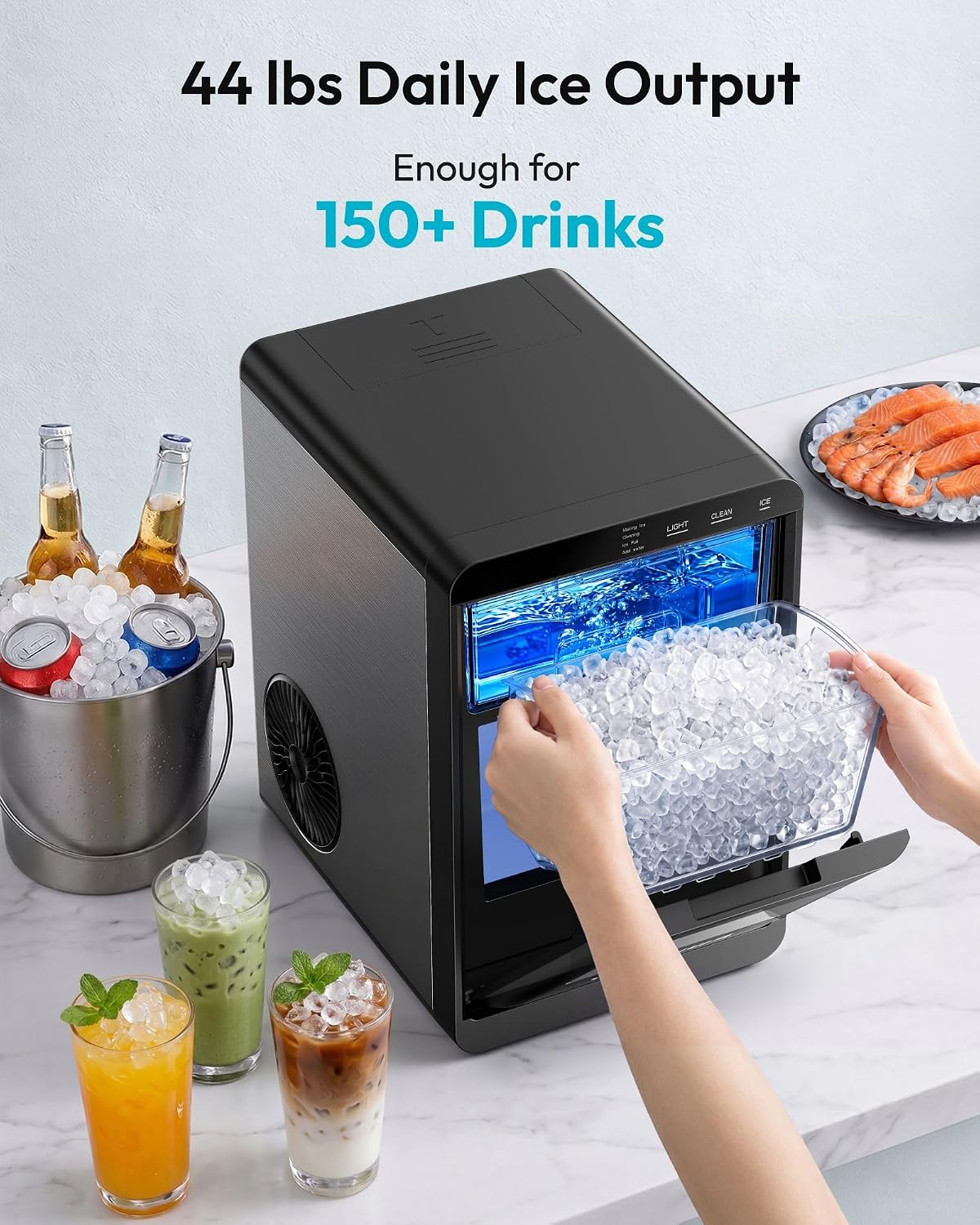 EUHOMY Nugget Ice Maker Countertop, 44Lbs/24H Sonic Ice Maker Machine, Self-Cleaning Pellet Ice Makers with Ice Scoop&Basket, Countertop Pebble Ice Maker for Home/Kitchen/Office
