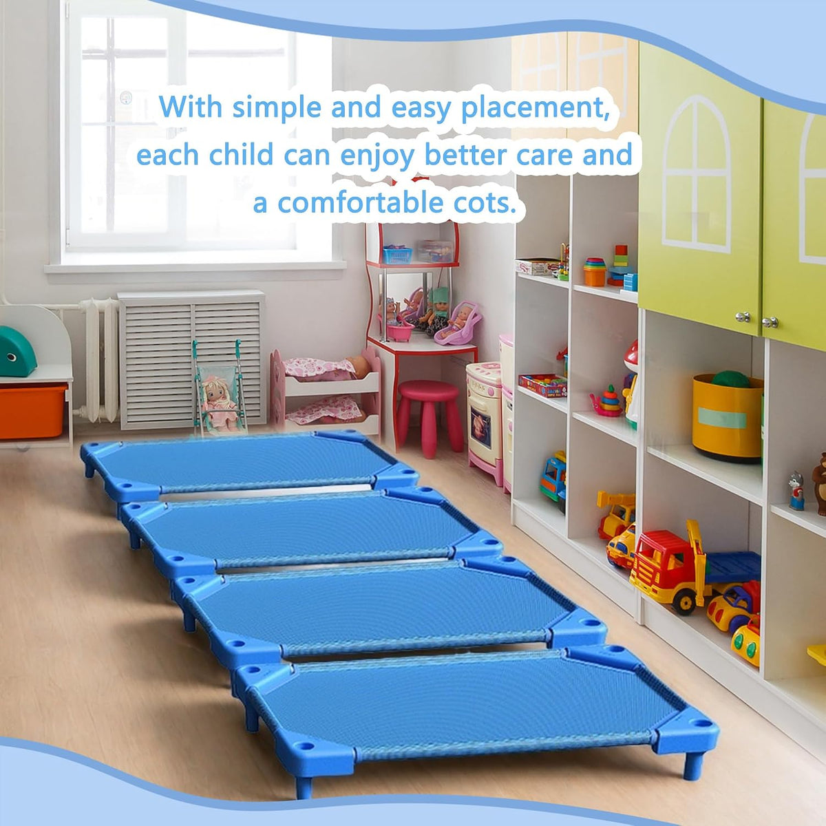 Daycare Cots,Stackable Preschool Cot for Kids (4 Packs,Sky Blue)