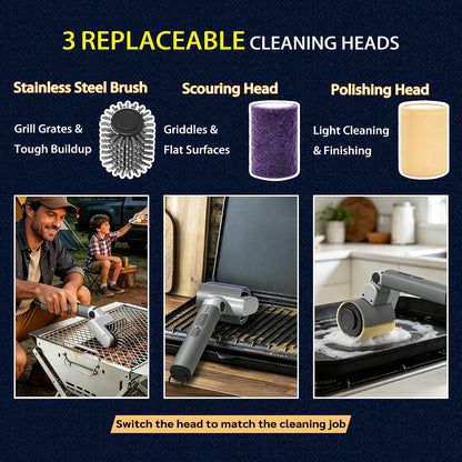 HyperionFlo Essentials Electric Grill Brush, 58W 3-Speed Cordless Grill Cleaner with 5200mAh Rechargeable Battery, 3 Replaceable Heads, Gray