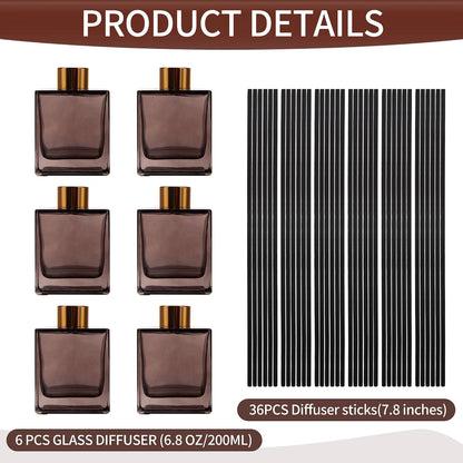 HyperionFlo Essentials 6-Pack Reed Diffuser Bottles, 200 ml Brown Glass Jars with Gold Caps & Black Sticks, Empty DIY Fragrance Containers