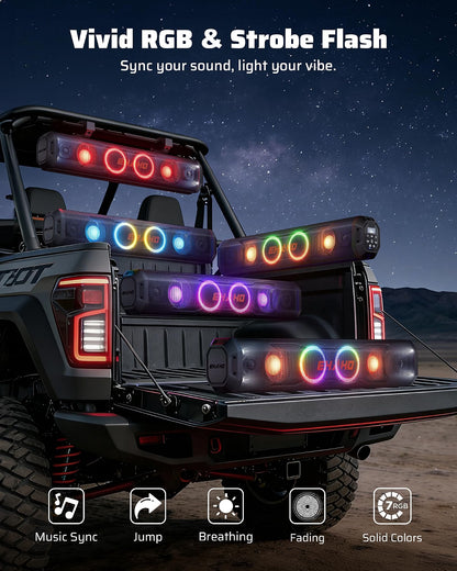 Ehaho 26" UTV Sound Bar, 500W Bluetooth Sound System with RGB Party Lights, IP66 Waterproof 6-Speaker Audio for Golf Carts, ATVs & UTVs