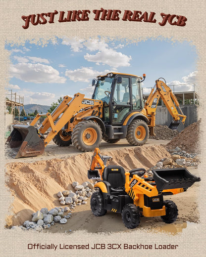 First Ride On JCB 3CX Licensed 24V Ride-On Excavator for Kids, 3-in-1 Electric Backhoe Digger with Reversible Seat, Detachable Arms, Remote Control & Dual 120W Motors
