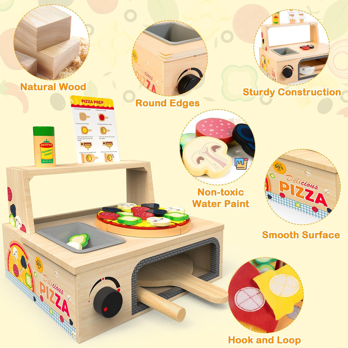 WOODMAM Wooden Pizza Toy, 48-Piece Montessori Pretend Play Food Set with Rotating Pizza Counter & Oven, Play Money & Menu for Kids Ages 3+, Multicolor