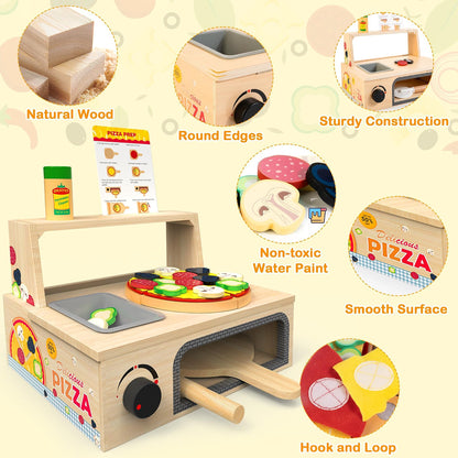 WOODMAM Wooden Pizza Toy, 48-Piece Montessori Pretend Play Food Set with Rotating Pizza Counter & Oven, Play Money & Menu for Kids Ages 3+, Multicolor
