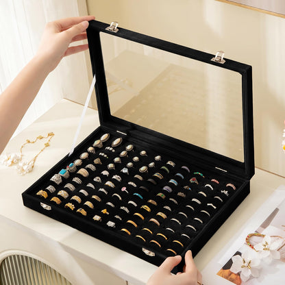 Frebeauty 100-Slot Ring Organizer Tray, Velvet Jewelry Display Box with Clear Lid, Hinged Ring Storage Case for Rings, Earrings & Studs, Black