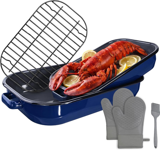 Enamel Turkey Roasting Pan with Rack Set, Casserole Dishes 14&17 Inch 6 Pieces Domed Lid Deep Oval Roasting Pan for Oven, Dishwasher Safe Non-Stick, Gift for Thanksgiving & Christmas Roaster Pot