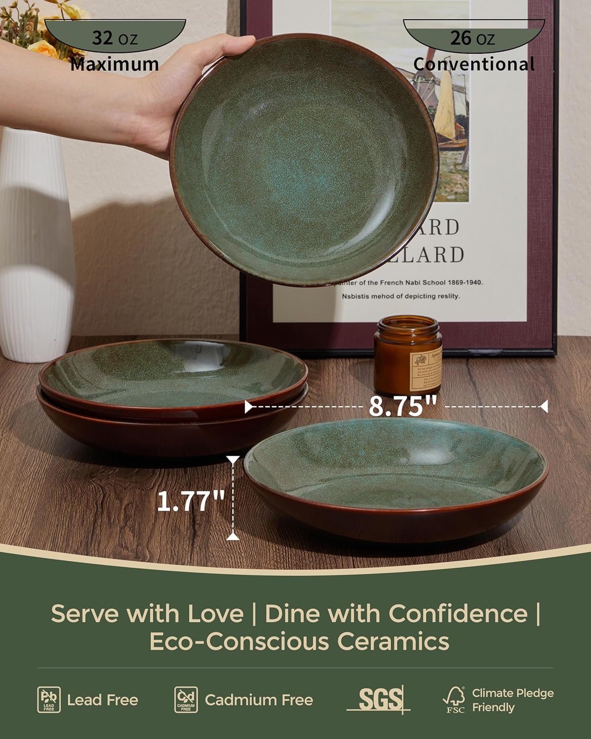 Pokini 32-Piece Stoneware Dinnerware Set for 8, Reactive Glaze Plates & Bowls, Microwave & Dishwasher Safe, Brown Green