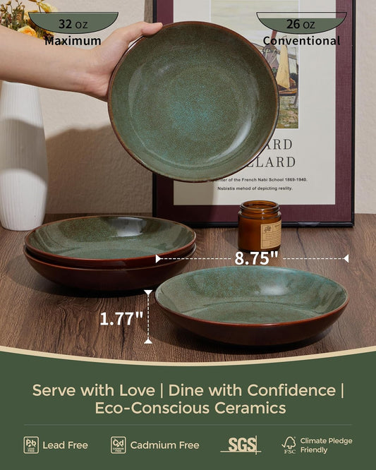 Pokini 32-Piece Stoneware Dinnerware Set for 8, Reactive Glaze Plates & Bowls, Microwave & Dishwasher Safe, Brown Green