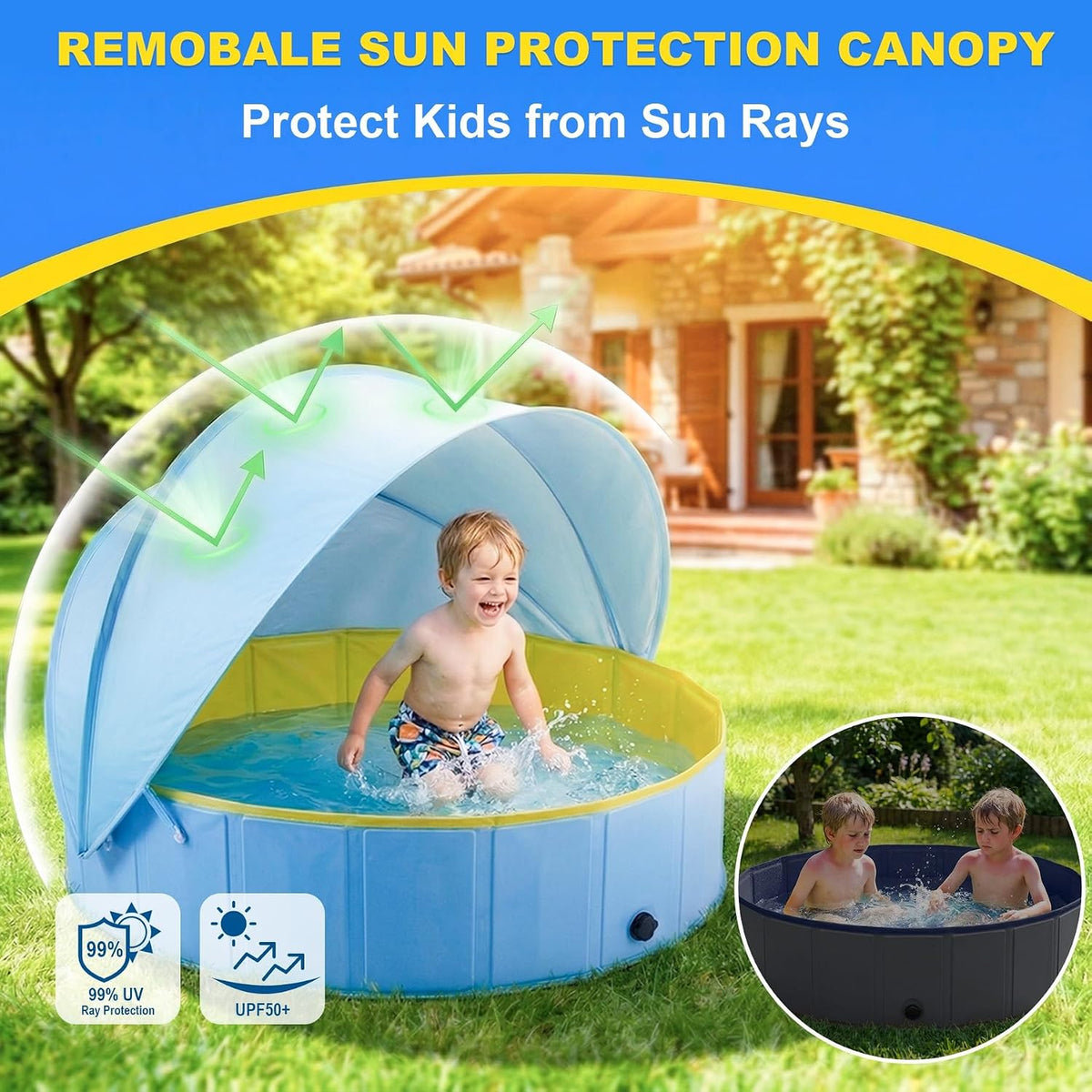 Kiddie Pool with Canopy, 63" Foldable Round Pool with Detachable UPF 50+ Sunshade, Non-Inflatable Swimming Pool with Anti-Slip Bottom for Kids, Pets & Outdoor Backyard, Blue