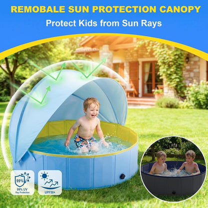 Kiddie Pool with Canopy, 63" Foldable Round Pool with Detachable UPF 50+ Sunshade, Non-Inflatable Swimming Pool with Anti-Slip Bottom for Kids, Pets & Outdoor Backyard, Blue