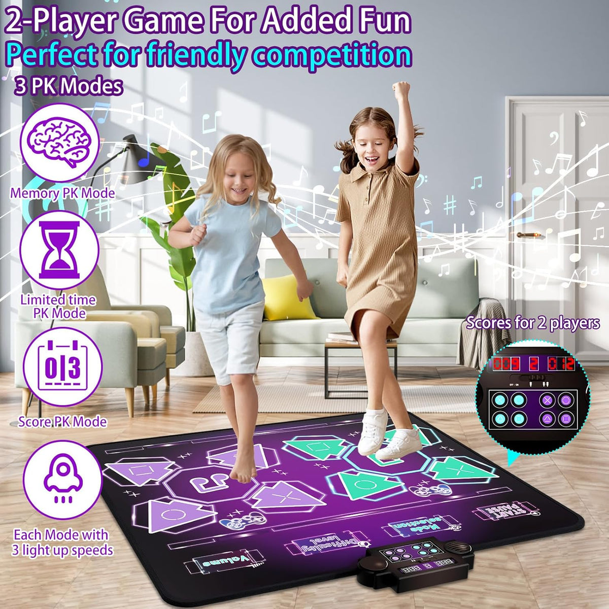 Joyvalley Kids Dance Mat, 2-Player Electronic Dancing Pad with Music, LED Lights, 8 Challenge Levels, Anti-Slip Floor Game Toy, Purple