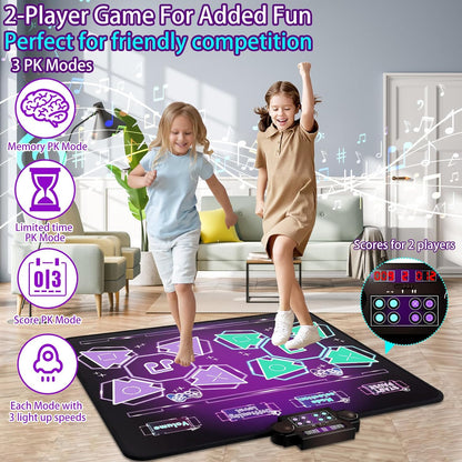 Joyvalley Kids Dance Mat, 2-Player Electronic Dancing Pad with Music, LED Lights, 8 Challenge Levels, Anti-Slip Floor Game Toy, Purple