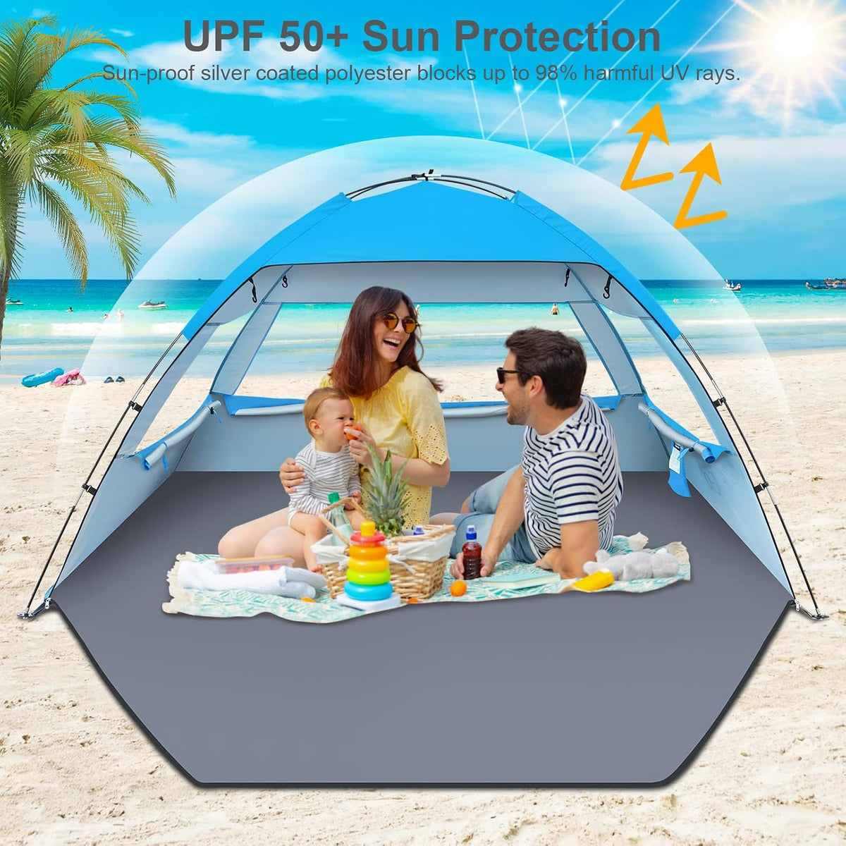 Gorich Beach Tent Sun Shelter for 3–4 Person, UPF 50+ UV Protection, Portable Beach Shade Canopy with Fiberglass Frame, Mesh Windows & Carrying Bag, Blue