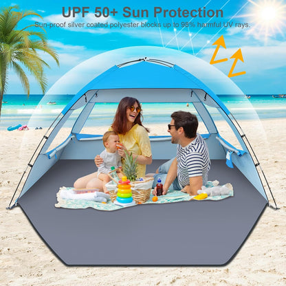 Gorich Beach Tent Sun Shelter for 3–4 Person, UPF 50+ UV Protection, Portable Beach Shade Canopy with Fiberglass Frame, Mesh Windows & Carrying Bag, Blue