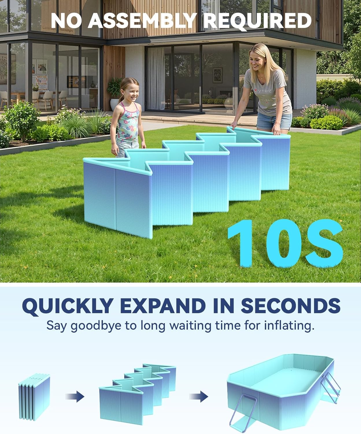 HeySplash Foldable Swimming Pool, Non-Inflatable 78" x 53" x 19", Rectangular Family Pool with Triple Drainage System, Puncture-Resistant PVC, Portable Pool for Kids & Pets, Ice Blue