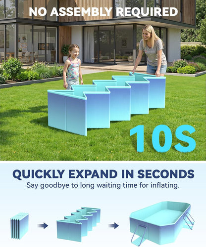 HeySplash Foldable Swimming Pool, Non-Inflatable 78" x 53" x 19", Rectangular Family Pool with Triple Drainage System, Puncture-Resistant PVC, Portable Pool for Kids & Pets, Ice Blue