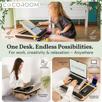 Lap Desk for Adults, Vented 6-Angle Laptop Bed Tray Table, Black Cushion pillow base | Phone & tablet holder | Foldable portable couch & sofa stand | Writing, reading, study, drawing, 17in