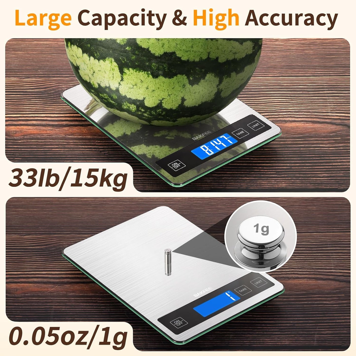BakFee 33 lb Digital Kitchen Food Scale, 1g Precision