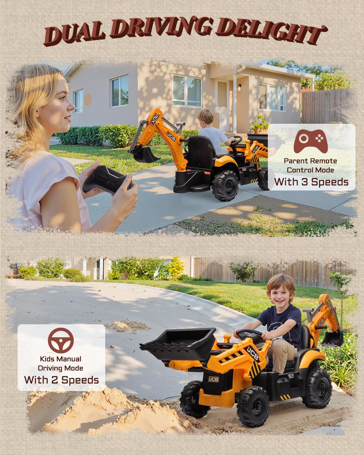 First Ride On JCB 3CX Licensed 24V Ride-On Excavator for Kids, 3-in-1 Electric Backhoe Digger with Reversible Seat, Detachable Arms, Remote Control & Dual 120W Motors