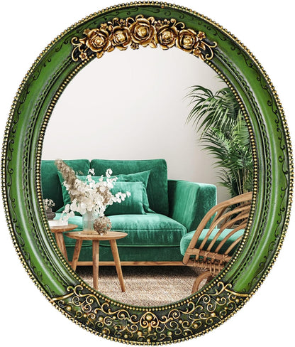 Oval 11.8x10 inch Resin Vintage Mirror Wall Mounted Decorative Mirror for Entryway, Hallway, Bedroom Oval Mirror(Green)