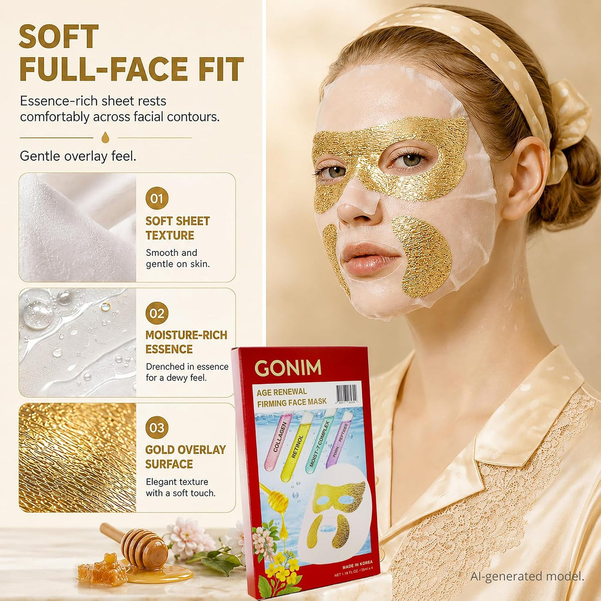 GONIM Korean Collagen Face Mask with PDRN, Anti Aging Firming Facial Mask Korean face mask with retinol and hyaluronic acid, hydrating collagen sheet mask with gold eye and smile line overlay, 35mlx8