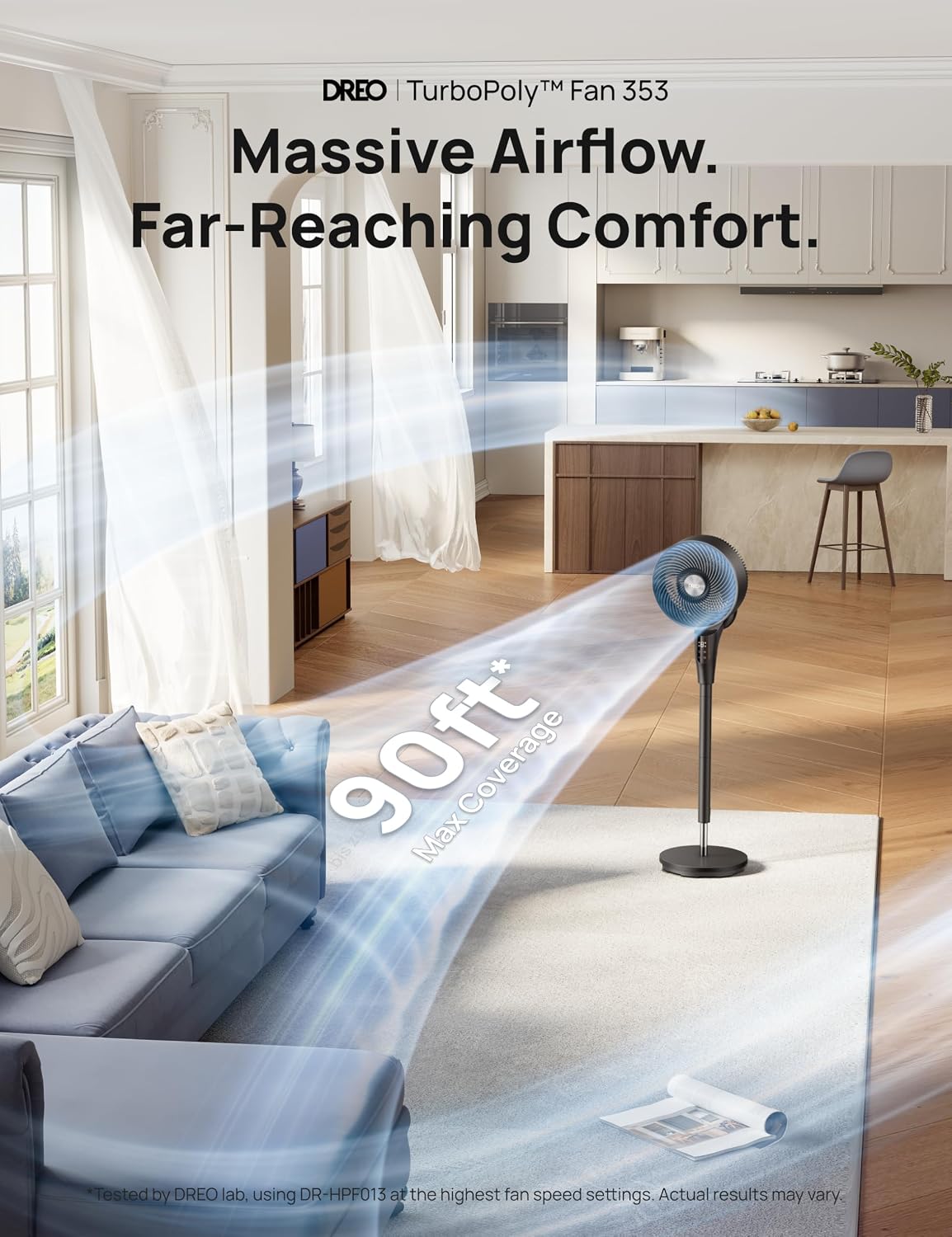 DREO Fan for Bedroom, 2026 Upgraded, 90ft Airflow, Quiet Fan, 90° Oscillating Standing Fan for Whole Room, DC Motor, 8+H Speeds, 3 Modes, 38-42'' Adjustable Height, 8H Timer, 105° Manual Vertical