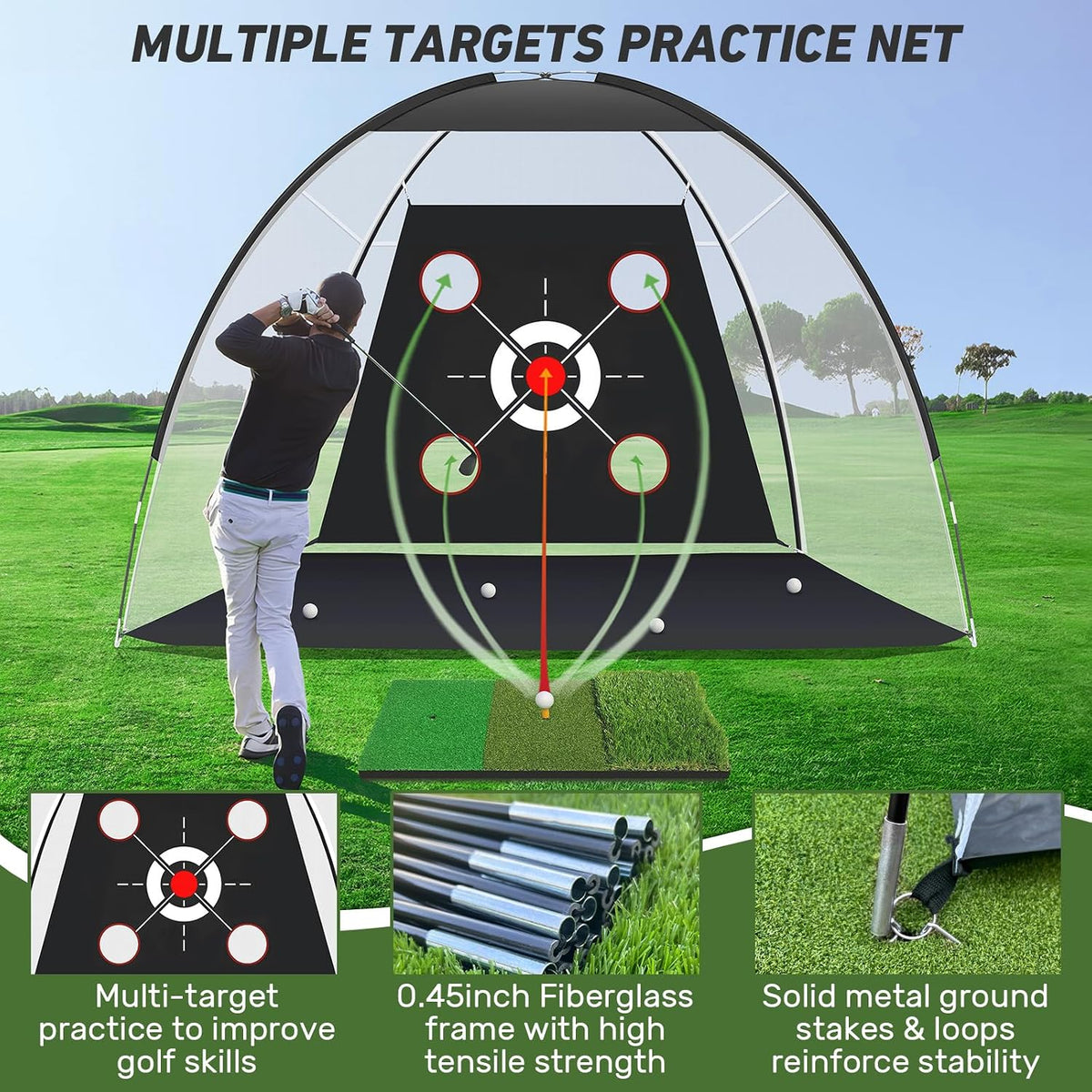 KLAODOT Golf Net with Practice Mat, 10 x 7 FT Golf Hitting Net with Multi-Target Pockets, 3-in-1 Turf Mat, 5 Balls, Rubber Tee, Stakes & Carrying Bag