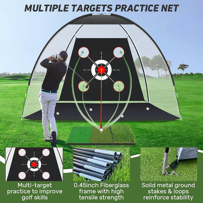 KLAODOT Golf Net with Practice Mat, 10 x 7 FT Golf Hitting Net with Multi-Target Pockets, 3-in-1 Turf Mat, 5 Balls, Rubber Tee, Stakes & Carrying Bag