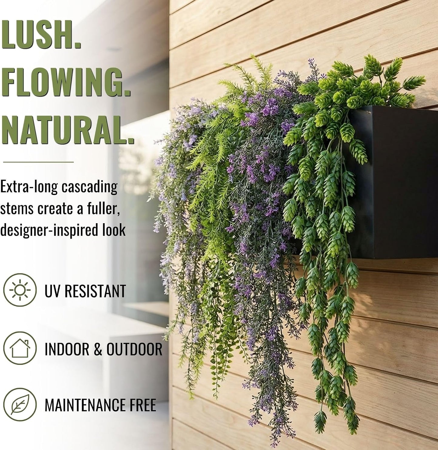 DECKO Artificial Plants - Fake Plants & Flowers Indoor and Outdoor - UV Resistant Hanging Plants for Living Room, Balcony, Patio, Kitchen etc - Faux Greenery - Senna Collection (2 Sets of 3 Cascades)