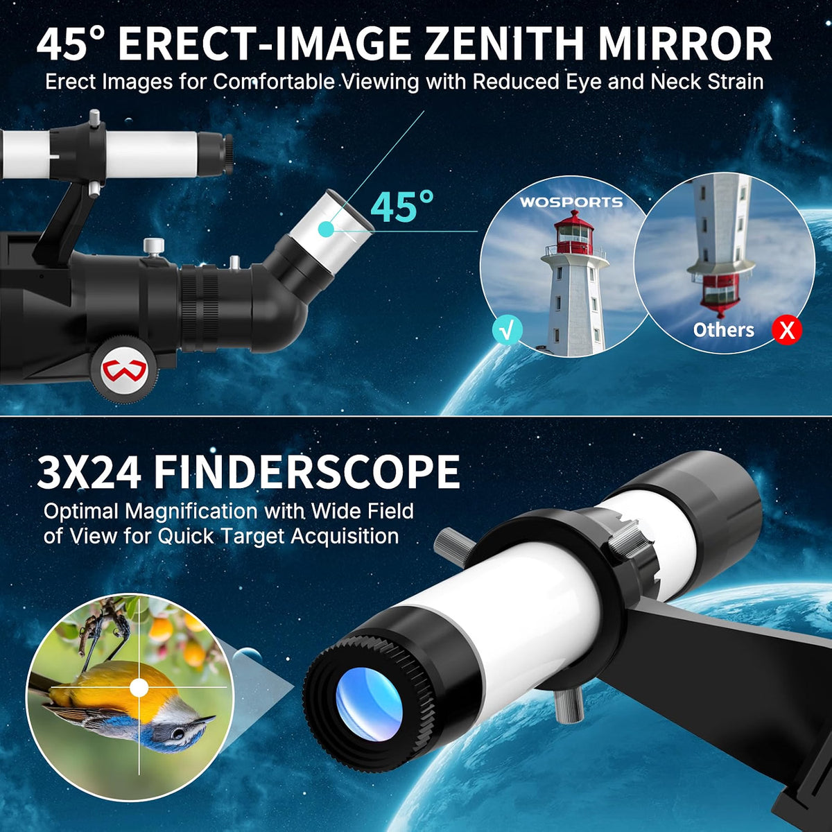 WOSPORTS 90mm Telescope for Adults & Beginners, 600mm Refractor Telescope with 180X Magnification, 10mm & 25mm Eyepieces, Adjustable Tripod, Phone Adapter & Carrying Case