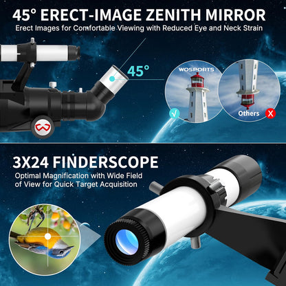 WOSPORTS 90mm Telescope for Adults & Beginners, 600mm Refractor Telescope with 180X Magnification, 10mm & 25mm Eyepieces, Adjustable Tripod, Phone Adapter & Carrying Case