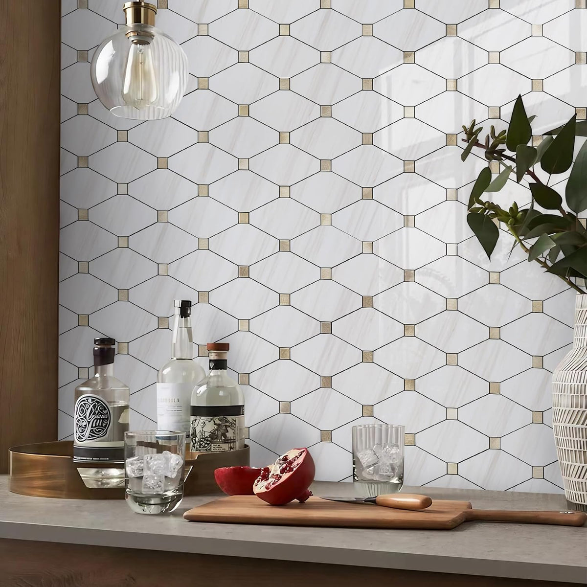 STICKGOO 10 Sheets Peel and Stick Backsplash, Polished Dolomite PVC Mixed Metal Gold Kitchen Backsplash, Waterproof, Stick on Wall Tiles for Kitchen, Bathroom, Vanities, RV