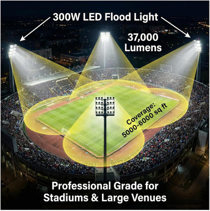 XXBSAZ 300W LED Flood Light Outdoor, 37000LM, Daylight 6500K, AC85-265V High Power Commercial Work Light, IP66 Waterproof Super Bright Security Stadium Lights for Parking Lots, Warehouses,Tennis