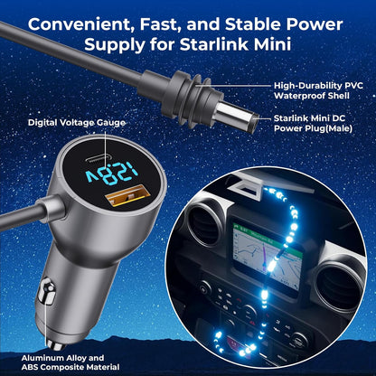Starlink Mini Cable,Starlink Mini Accessories Car Charger, 3-in-1 DC Power Cable with 12V-48V Cigarette Lighter Adapter,PD 30W + USB-A 30W + DC 72W Car Power Supply for Trucks, RVs, Boats(9.9Ft)
