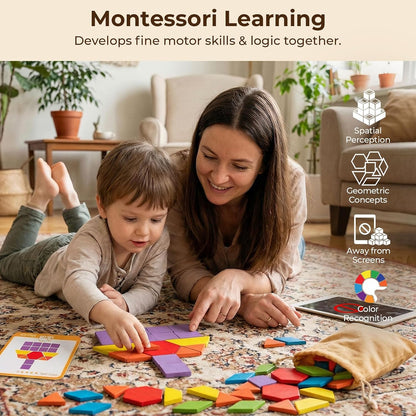 LovesTown 209 PCS Wooden Pattern Blocks for Kids, Geometric Shapes with 24 Activity Cards & Storage Bag, Educational STEM Tangram Puzzle Set