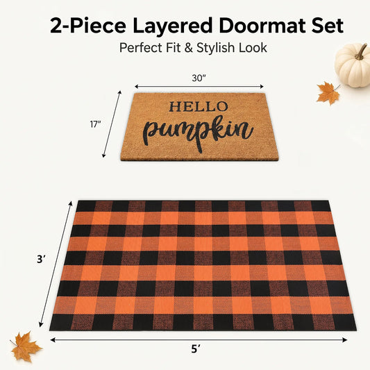 Homydecor Fall Decor Doormat Combo Set, 100% Coco Coir Welcome Mat with 3 x 5 Ft Orange & Black Plaid Rug, Autumn Thanksgiving Front Porch Entryway Decor, Hello Pumpkin