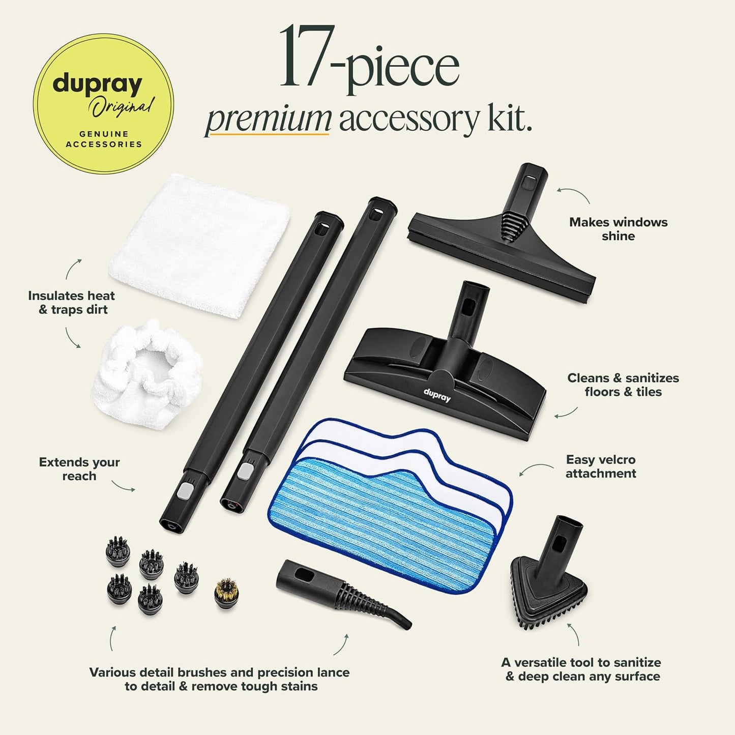 Dupray Neat Plus Steam Cleaner for Home - Essential Pack 90s Fast heat up & unlimited steam |Chemical-free cleaning for floor, car, wall, grout & kitchen |Steam mop|17 Accessories