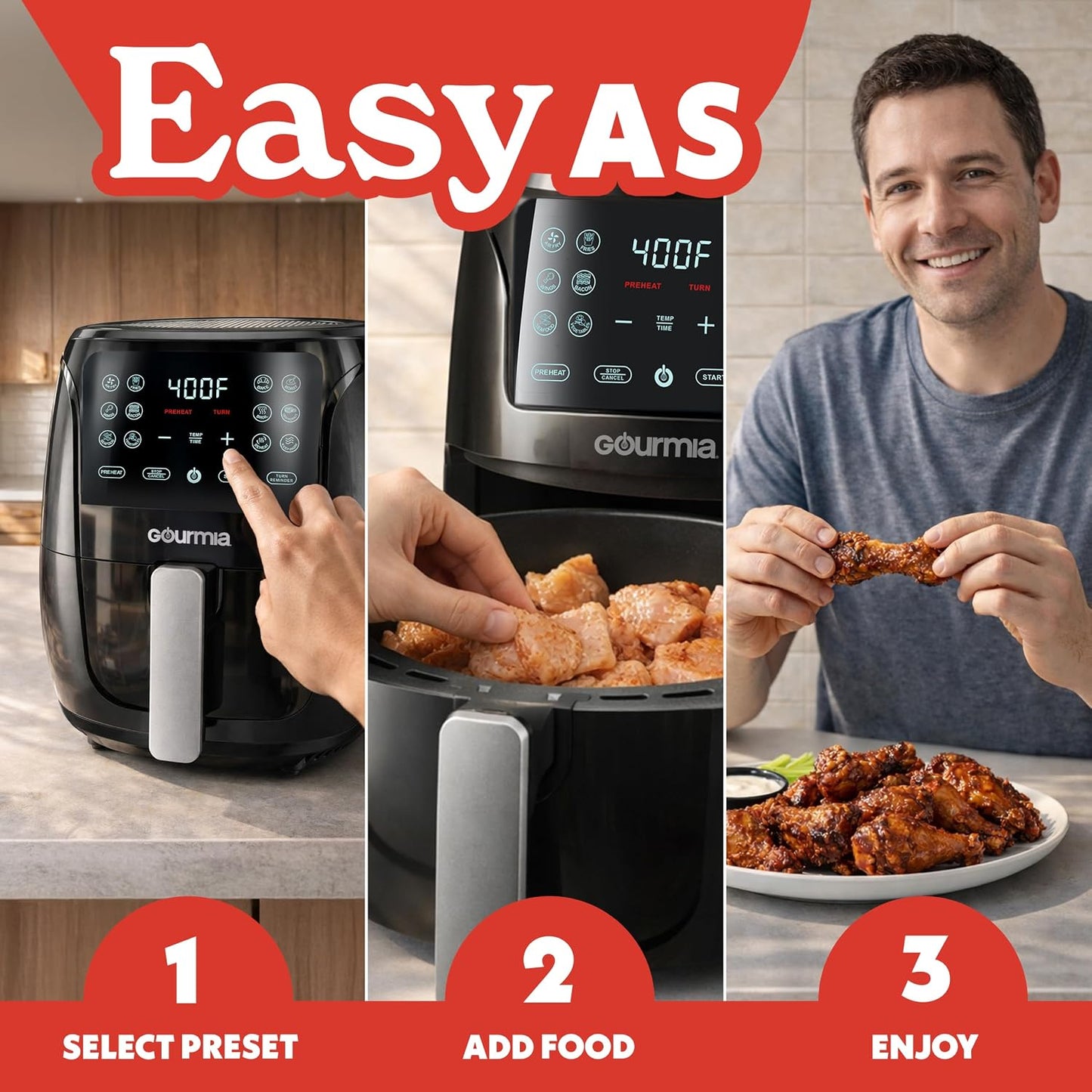 Gourmia Air Fryer - 4 Qt Basket Capacity, 12 Cooking Presets, Black Digital Display, Touch Controls, 90–400°F Adjustable Temperature, Dishwasher-Safe Basket & Crisper Tray