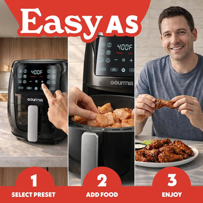 Gourmia Air Fryer - 4 Qt Basket Capacity, 12 Cooking Presets, Black Digital Display, Touch Controls, 90–400°F Adjustable Temperature, Dishwasher-Safe Basket & Crisper Tray