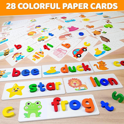 BEESTECH Alphabet ABC Learning Educational Toys for Toddlers, Wooden Letter Matching Game with 28 Flash Cards & 52 Letters, Preschool ABC Learning Toy for Ages 3–4, Gift Set
