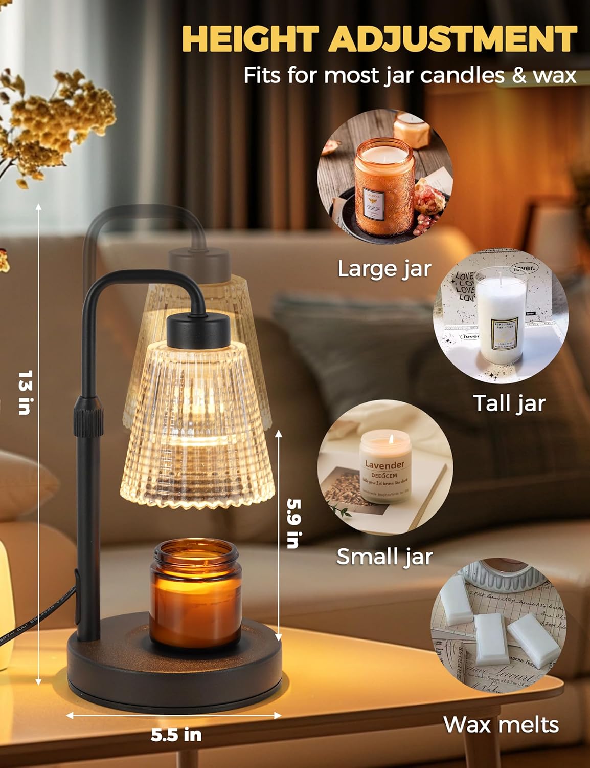 GODONLIF Candle Warmer Lamp with Timer, Dimmable Wax Melter Lamp, Height Adjustable Candle Warmer for Home Decor, Birthday Gifts for Women and Men