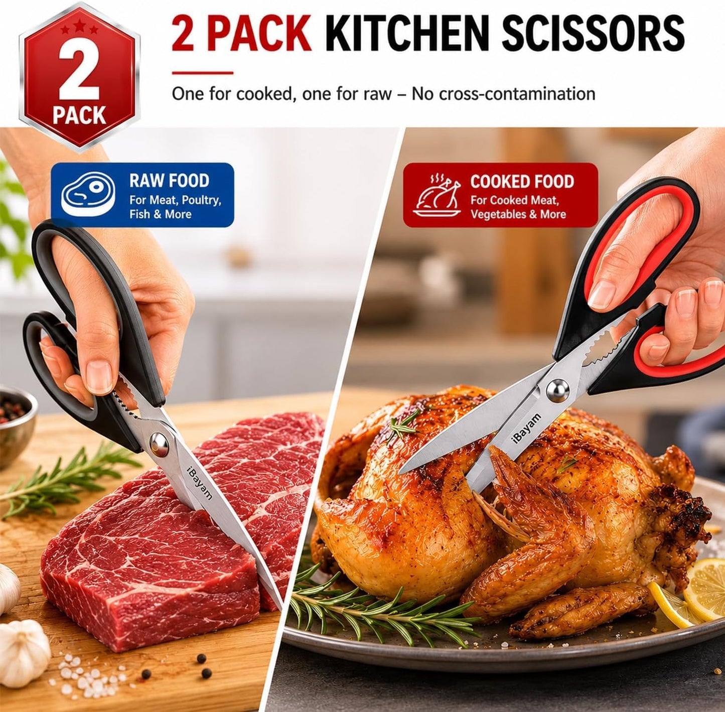 iBayam Kitchen Scissors Shears All Purpose Heavy Duty, Protective Sheath, 2-Pack, Ultra-Sharp Stainless Steel Blades, Soft Comfort-Grip, Dishwasher Safe, Cutting Food, Cooking, Meat & Poultry