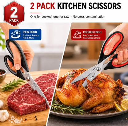 iBayam Kitchen Scissors Shears All Purpose Heavy Duty, Protective Sheath, 2-Pack, Ultra-Sharp Stainless Steel Blades, Soft Comfort-Grip, Dishwasher Safe, Cutting Food, Cooking, Meat & Poultry