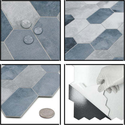 The Tiles Plaza 10-Sheet Peel and Stick Backsplash, 12" x 11.5" Blue Cement Long Hexagon Self-Adhesive Wall Tile, Stone Composite Stick On Decorative Mosaic Tile for Kitchen Bathroom Fireplace