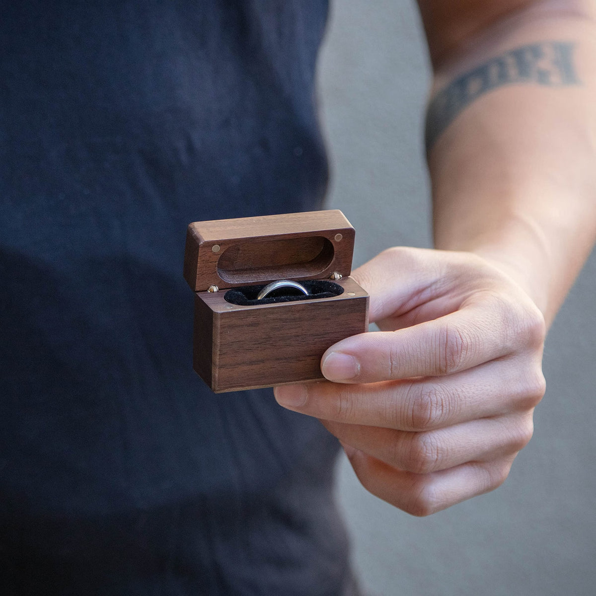 MUUJEE Slim Secret Wood Ring Box, Engraved Walnut Ring Holder for Engagement Proposal, Wedding Ceremony & Ring Bearer Gift, Rustic Brown