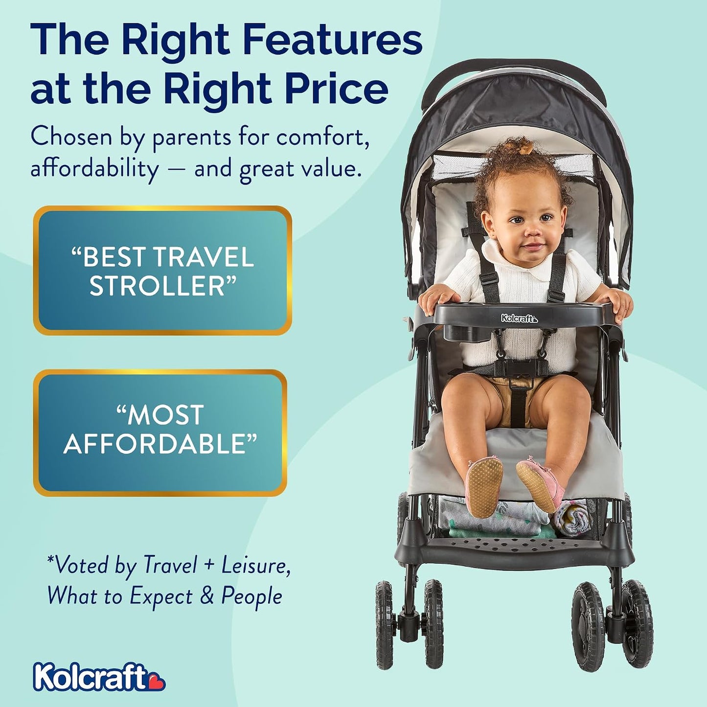 Kolcraft Cloud Plus Lightweight Umbrella Stroller for Toddlers, Reclining Seat, Compact Fold, Slate Gray