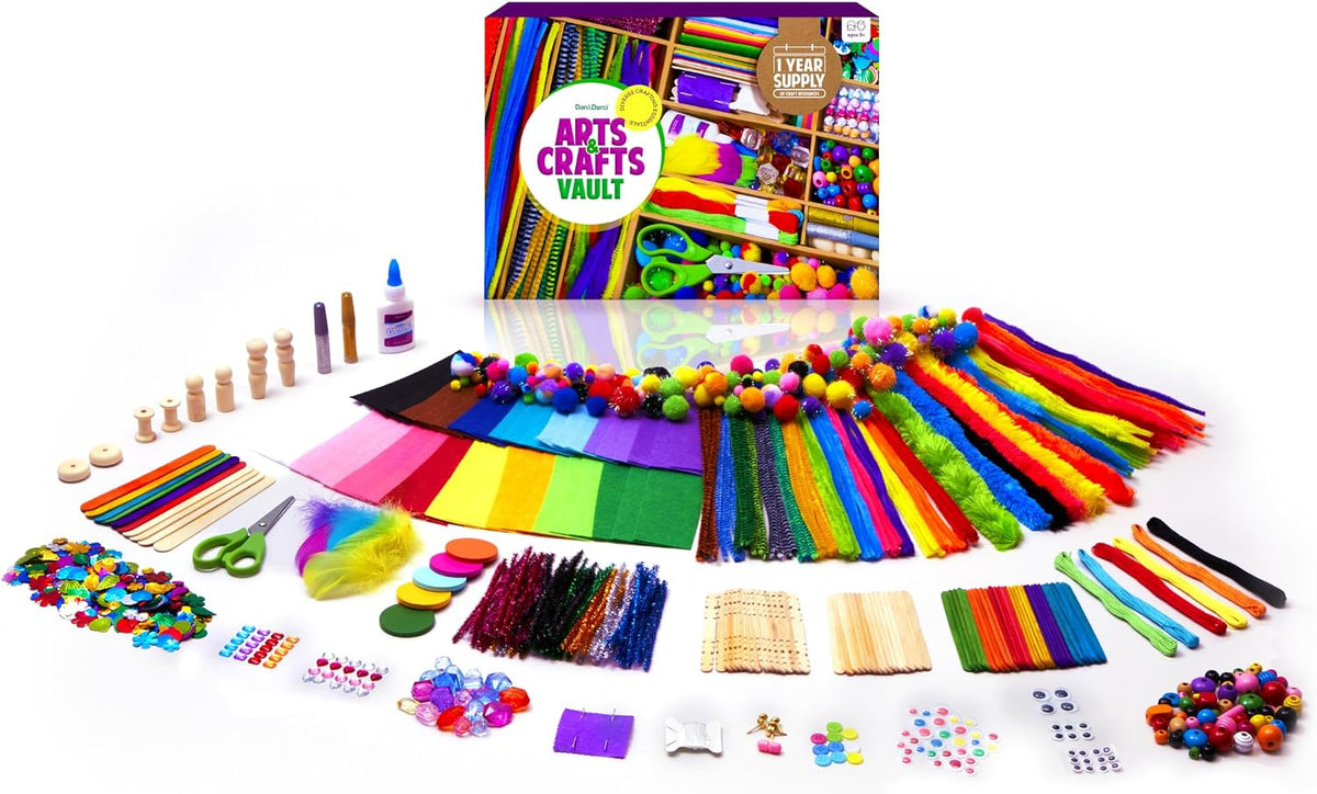Dan&Darci Arts and Crafts Vault, 1000-Piece Craft Supplies Kit with 2-Drawer Storage Case, DIY Art & Craft Activity Set for Kids Ages 4–12, Multicolor
